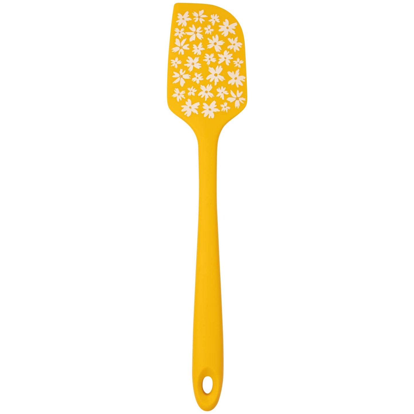 Yellow spatula with white floral pattern on a yellow background