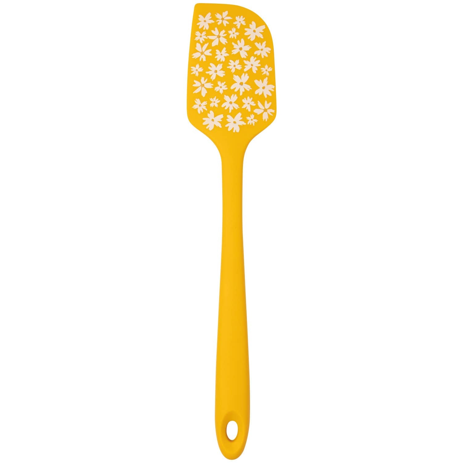Yellow spatula with white floral pattern on a yellow background