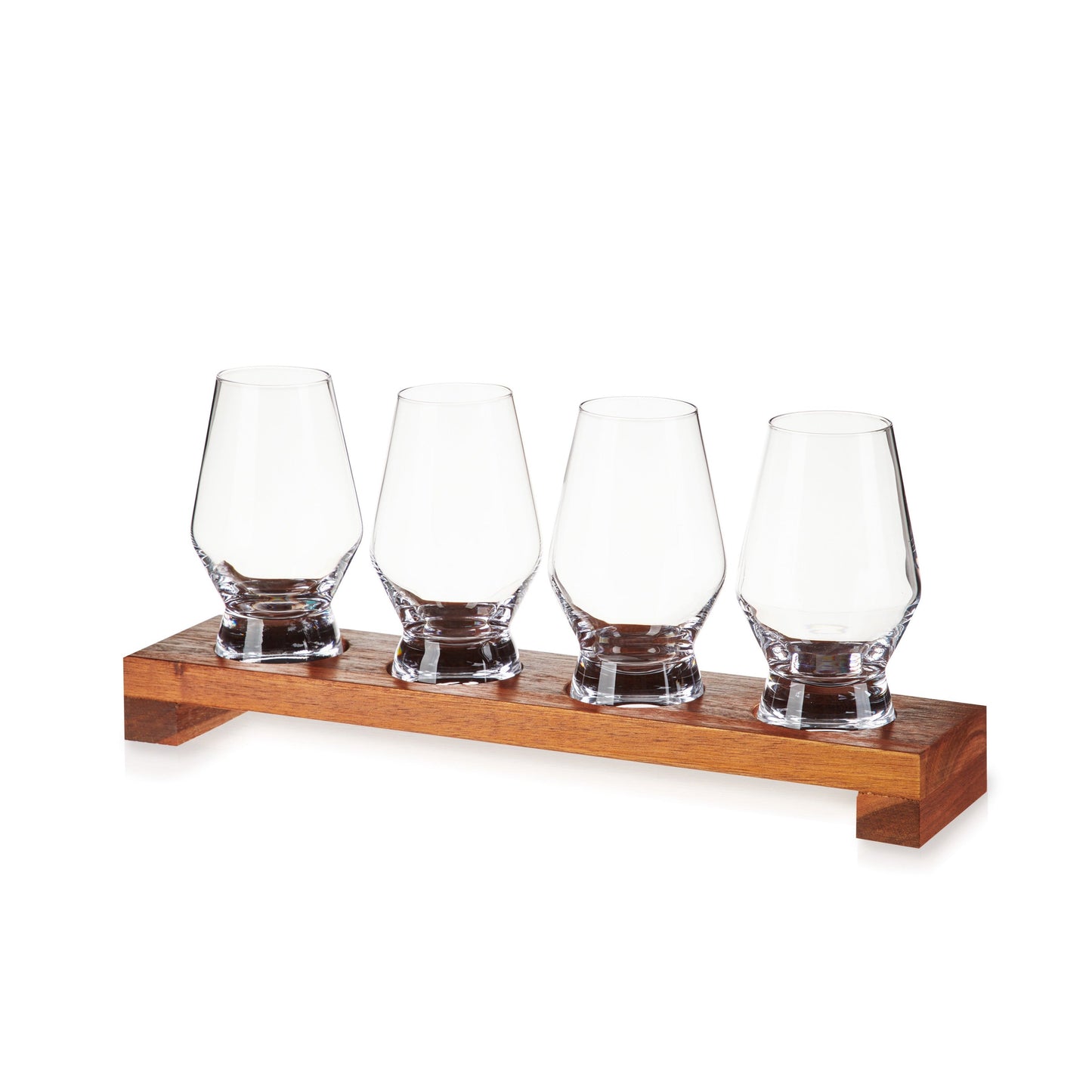 Indulge in an evening of spirit tasting with this elegant Spirit Flight set. This set includes four footed 8 oz. crystal tumblers, and a lightweight but sturdy wooden flight board so that you can transport and enjoy your whiskey and Scotch with ease.