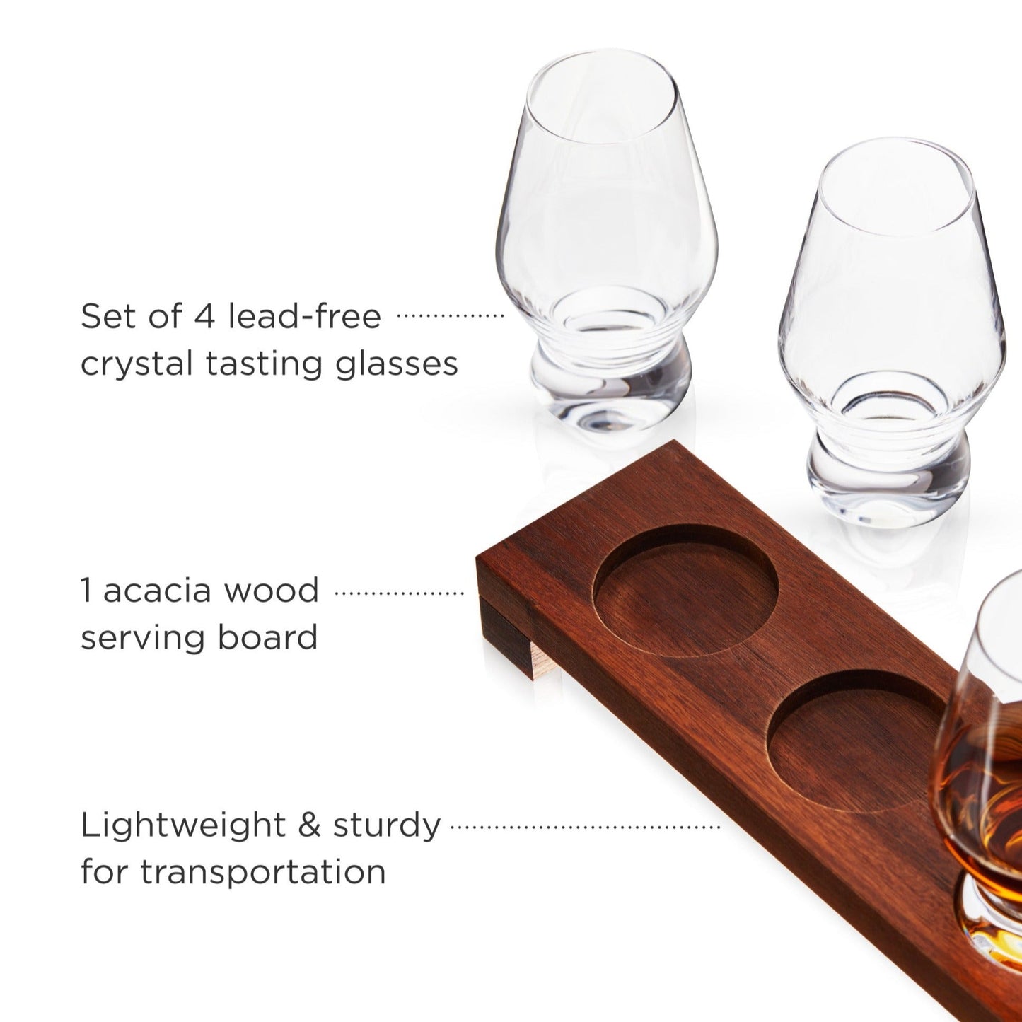 Indulge in an evening of spirit tasting with this elegant Spirit Flight set. This set includes four footed 8 oz. crystal tumblers, and a lightweight but sturdy wooden flight board so that you can transport and enjoy your whiskey and Scotch with ease.