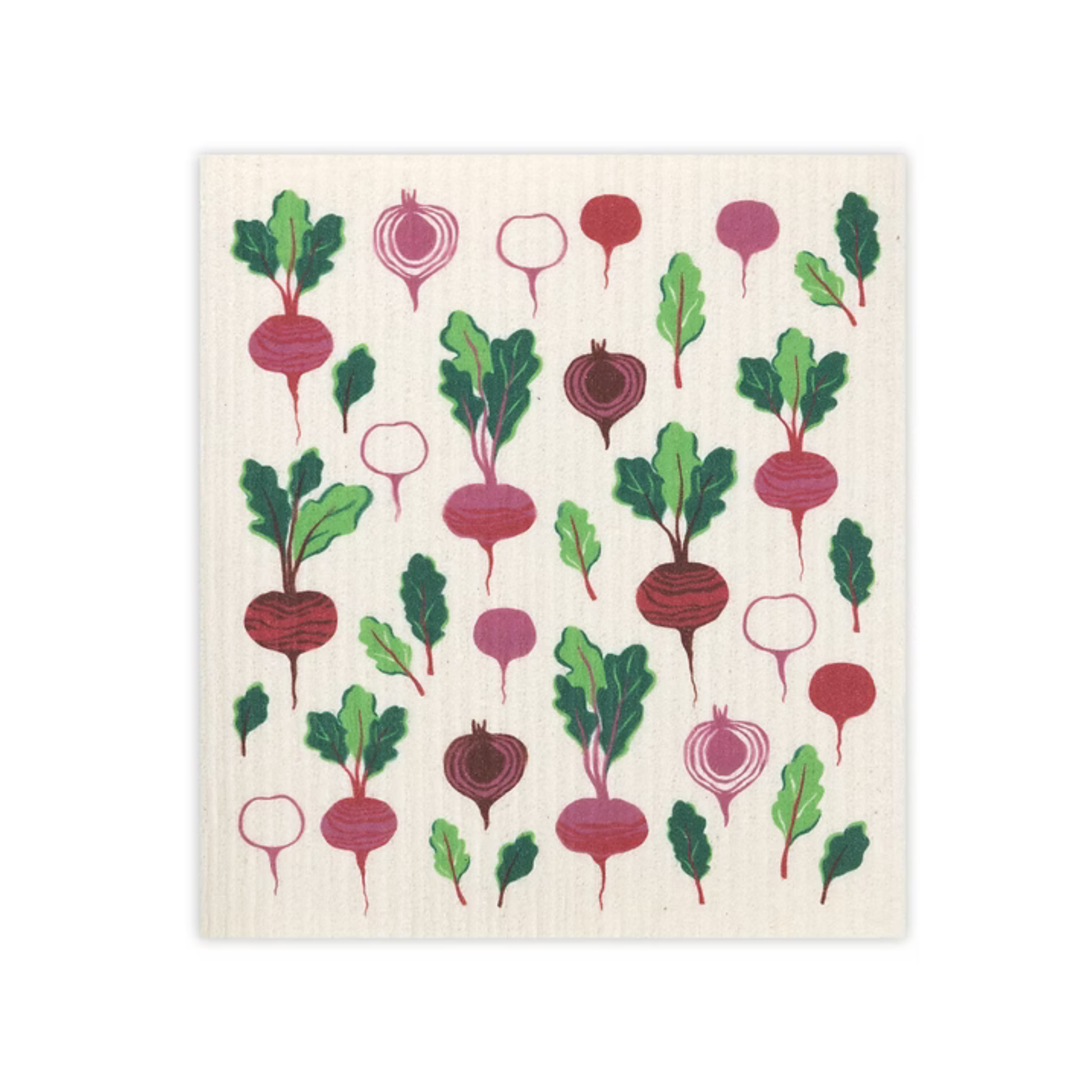 Dishcloth with red and green radish pattern on a white background