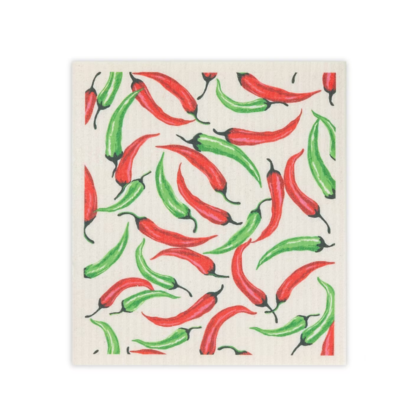 Pattern of red and green peppers on a white background