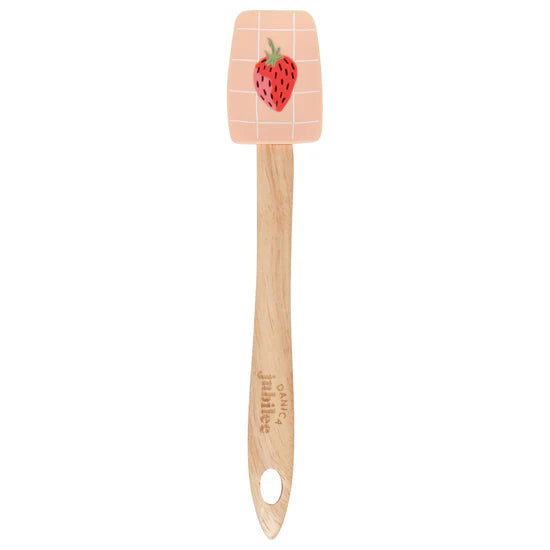 Berry Sweet Spoonulas! These adorable tools feature a rubberwood handle and heat-resistant silicone heads, perfect for mixing, scraping, and serving. With a charming pink checkered design, the larger spoonula boasts tiny strawberries, while the smaller one showcases a single, oversized berry.