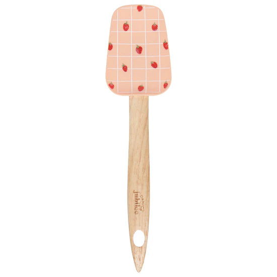 Berry Sweet Spoonulas! These adorable tools feature a rubberwood handle and heat-resistant silicone heads, perfect for mixing, scraping, and serving. With a charming pink checkered design, the larger spoonula boasts tiny strawberries, while the smaller one showcases a single, oversized berry.