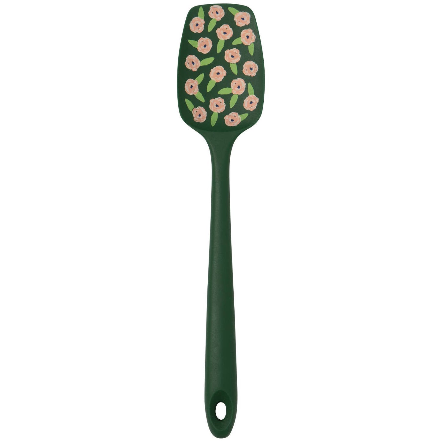 Green spatula with floral pattern on a white background