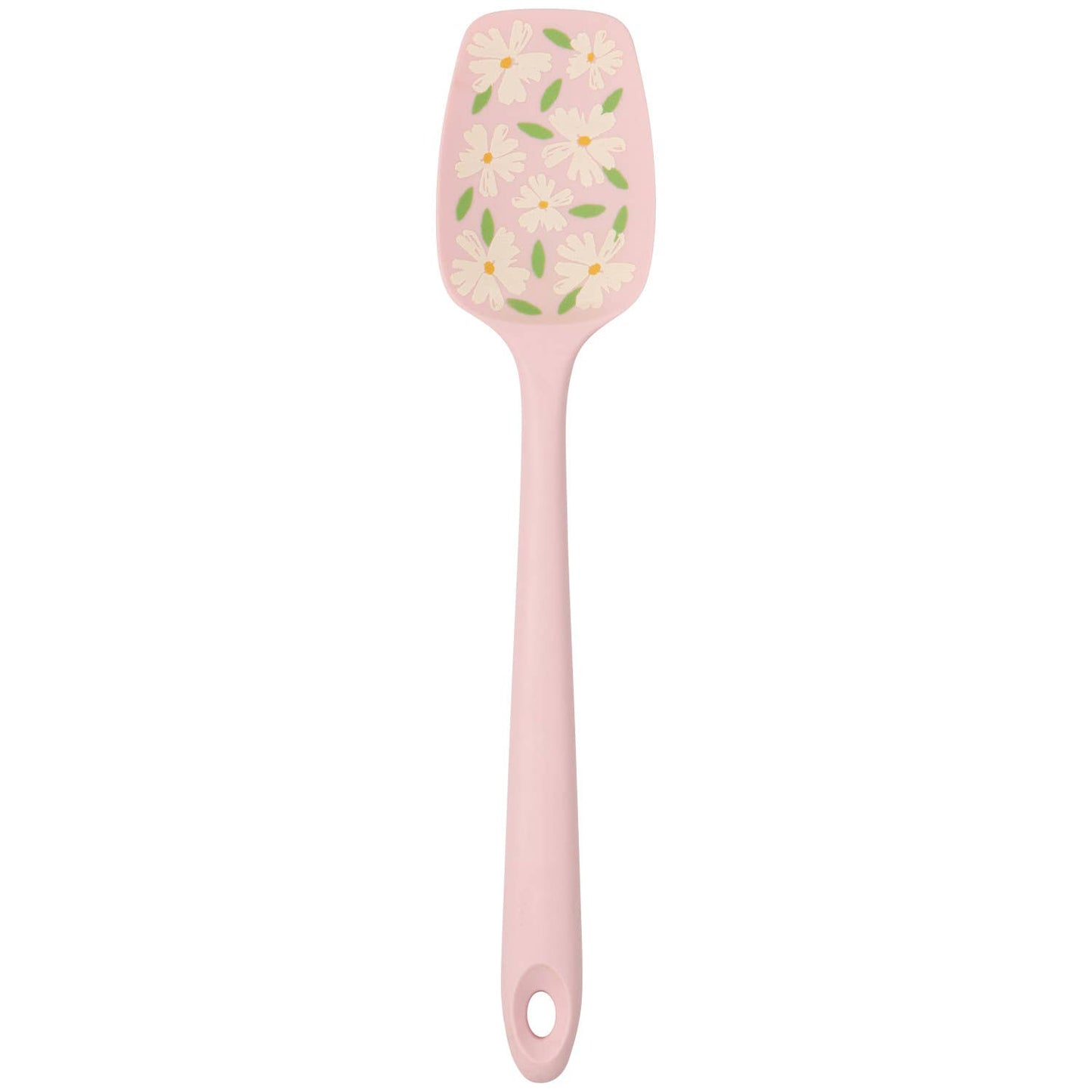 Pink spatula with floral design on a white background