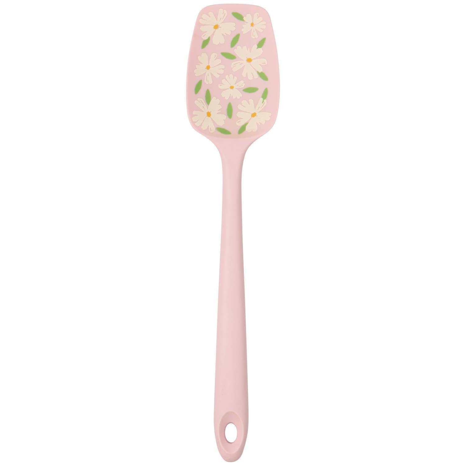 Pink spatula with floral design on a white background
