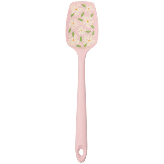 Pink spatula with floral design on a white background