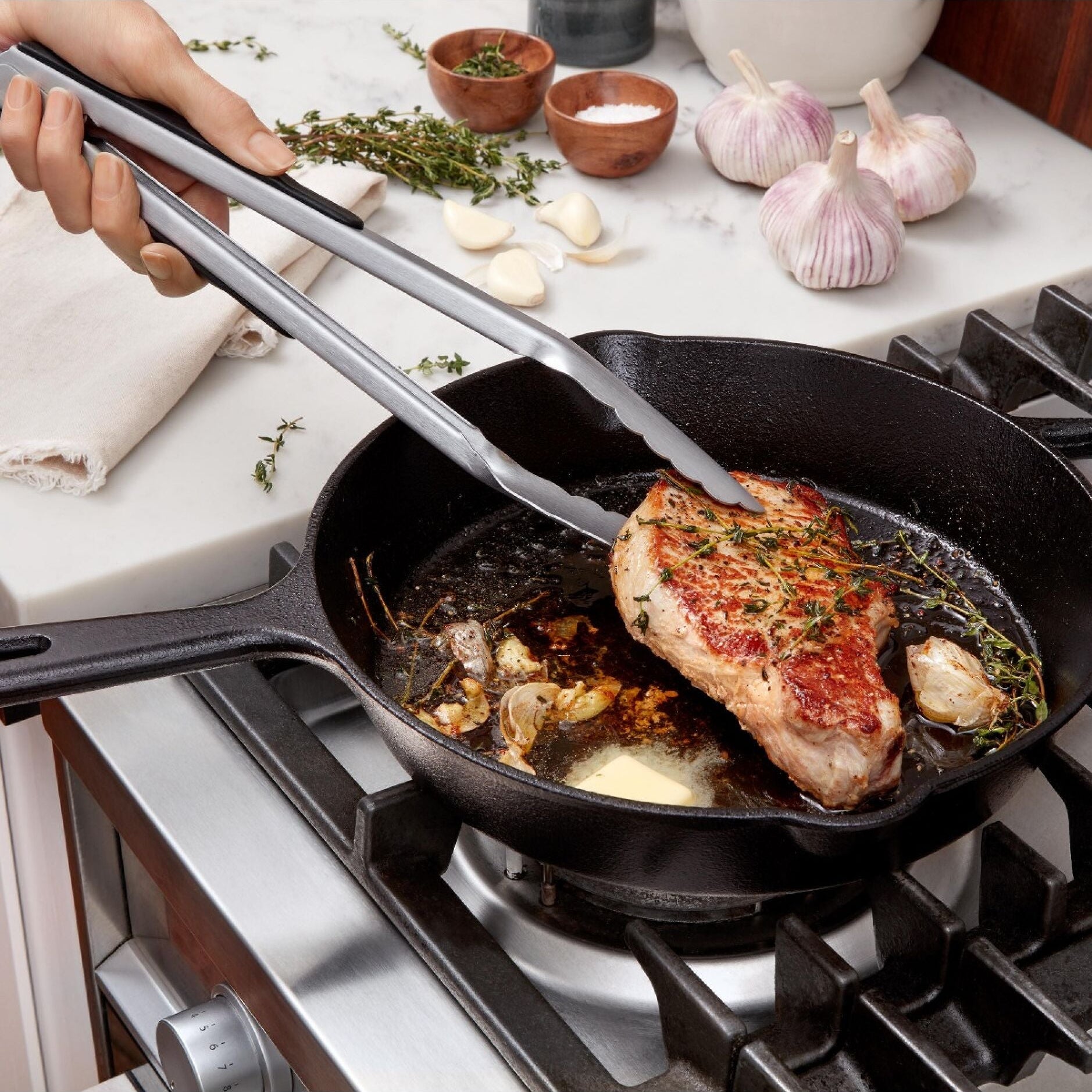 These food-flipping superheroes combine sleek brushed stainless steel with cushy non-slip handles that won't go sliding out of your grip during critical bacon-turning moments! The thoughtful thumb rests give your digits a comfy place to hang out while you're playing kitchen conductor. 