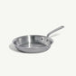 A side view of a stainless steel frying pan with a stay-cool handle.