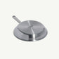 A upside down view of a stainless steel frying pan with a stay-cool handle.