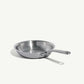 A stainless clad frying pan with a stay-cool handle, suitable for gas, electric, and induction cooktops on a white background.