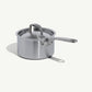 A silver stainless clad saucepan with a lid and a stay-cool handle, suitable for cooking sauces and soups.