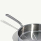 A stainless steel sauté pan with a lid and stay-cool handle, on a white background.