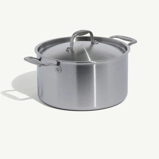 A silver stainless clad stock pot with lid, featuring two handles and a fitted lid, on a white background.