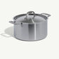 A silver stainless clad stock pot with lid, featuring two handles and a fitted lid, on a white background.