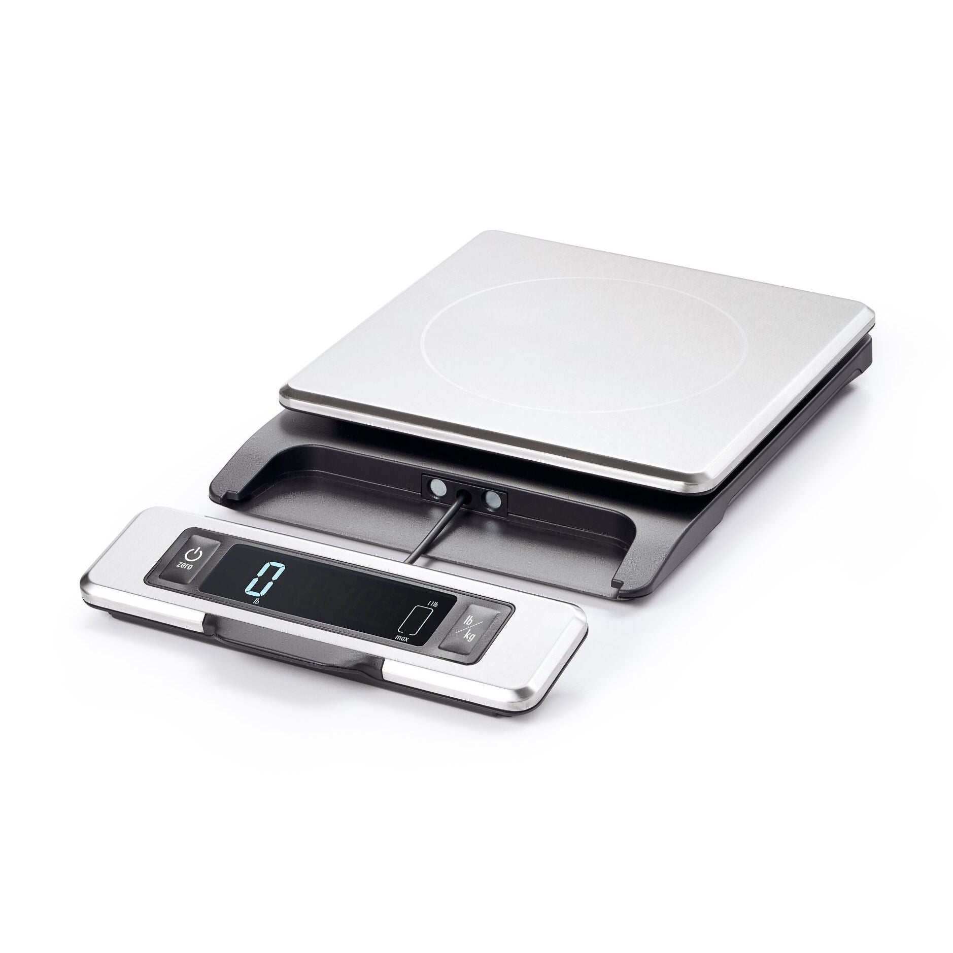 Side view of a stainless steel Digital kitchen scale on a white background