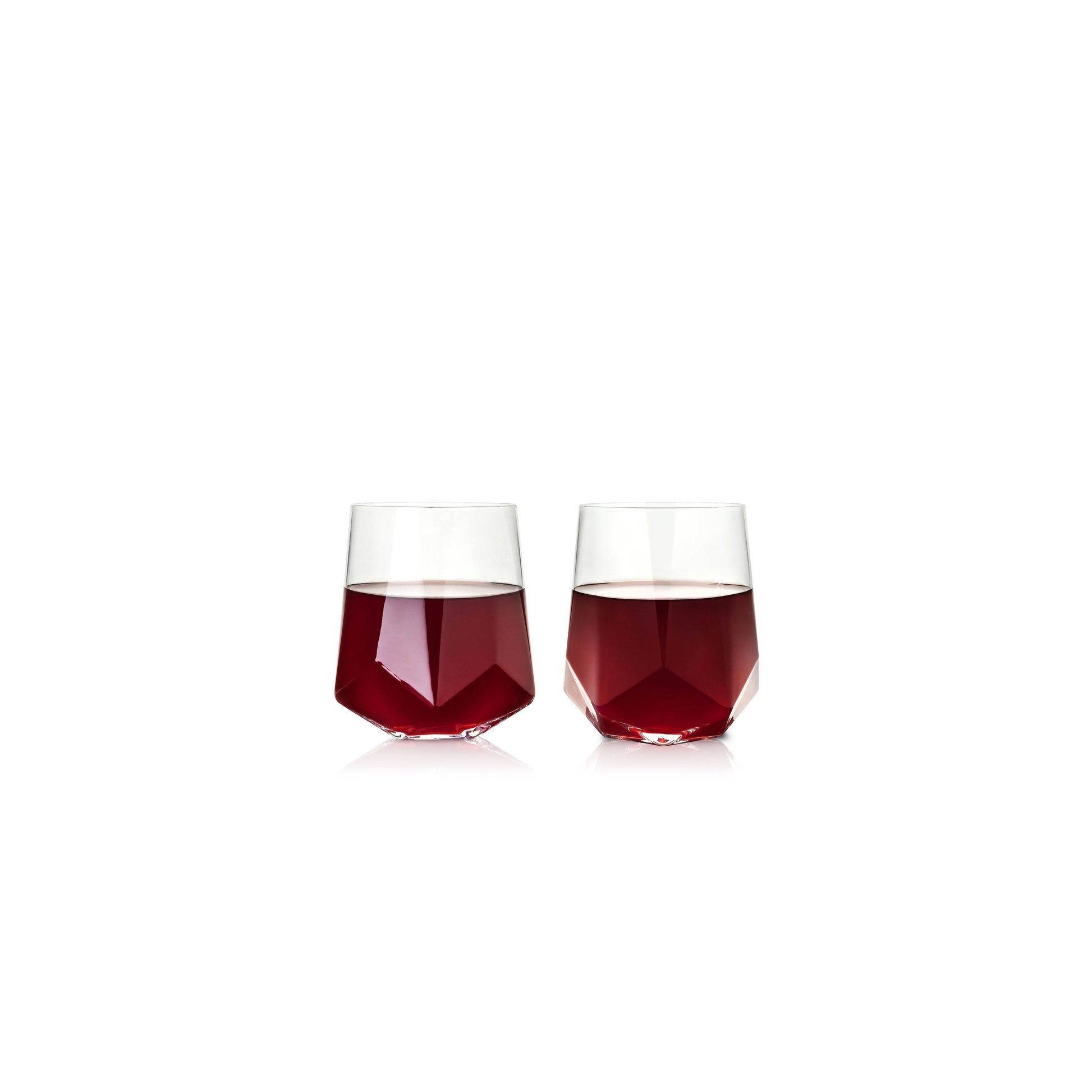 Ideal for red or white wine, these stemless faceted wine glasses are crafted from a lead-free crystal glass. This glass offers the most-elegant drinkware experience available.  Modern and classy, these glasses are sleek with precise angles. They are perfect for any occasion or the finest of dinner parties. The well-crafted construction results in a pair of wine glasses that will stand the test of time.