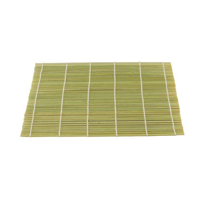 Green bamboo mat with white lines on a white background