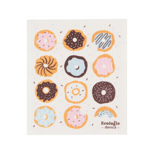 Fabric with colorful donut pattern and 'Ecologie danica' branding on a white background