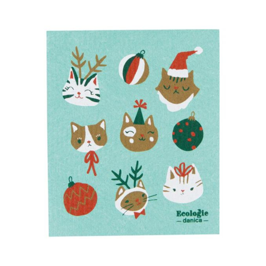 Decorative kitchen towel with Christmas-themed cat illustrations on a light blue background