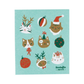 Decorative kitchen towel with Christmas-themed cat illustrations on a light blue background