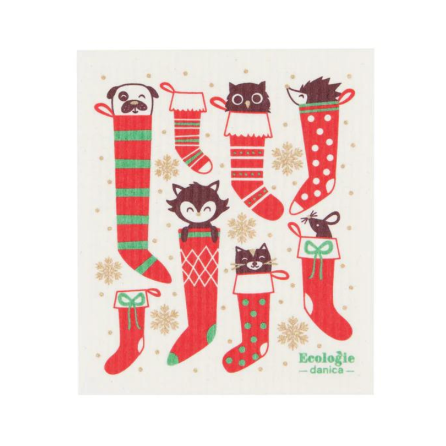 Decorative towel with Christmas-themed animal stockings and snowflakes on a white background.