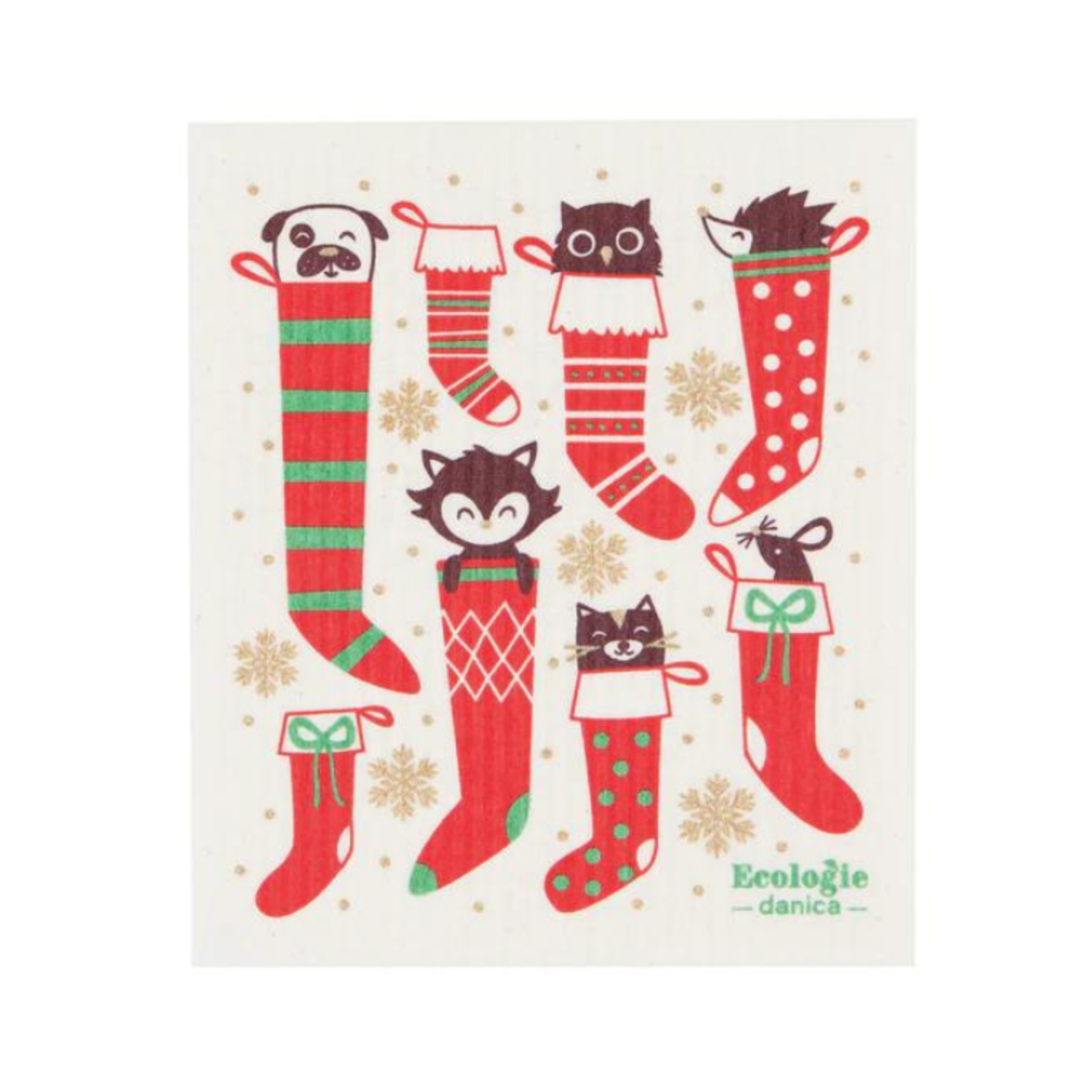 Decorative towel with Christmas-themed animal stockings and snowflakes on a white background.