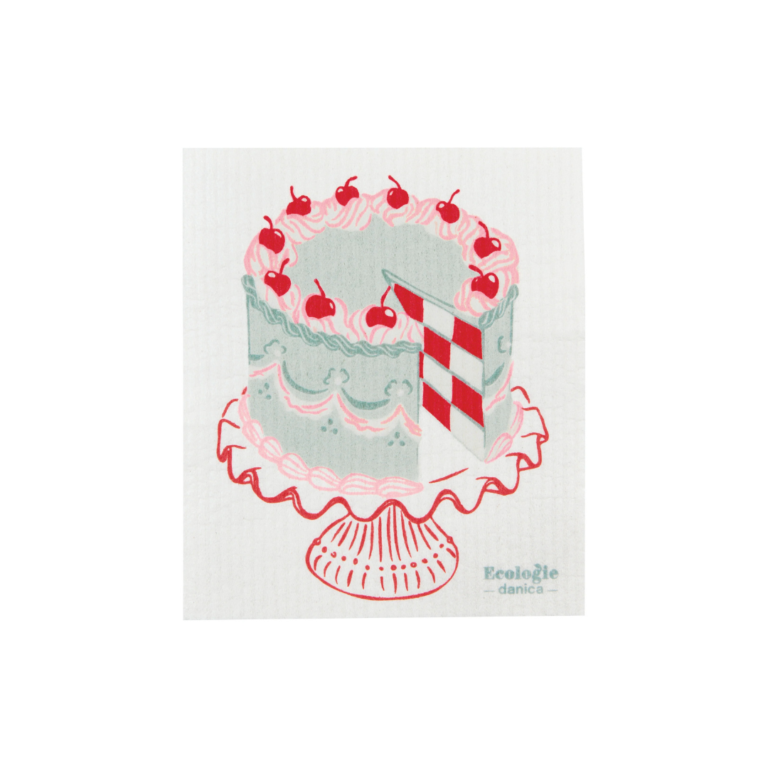 The "Take the Cake" Swedish Sponge Cloth brings a sweet touch to your kitchen with its charming pink cake plate, red and white cake, and pale blue frosting adorned with red cherries.