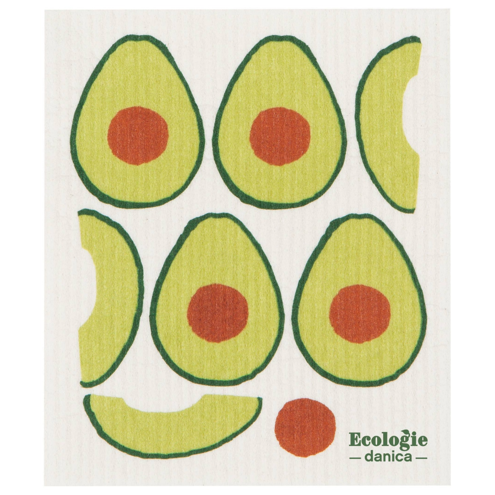 A square textile product, likely a dishcloth or towel, featuring a playful avocado pattern. The design shows several stylized avocado halves and slices in shades of yellow-green and red, on a textured off-white background.