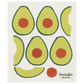 A square textile product, likely a dishcloth or towel, featuring a playful avocado pattern. The design shows several stylized avocado halves and slices in shades of yellow-green and red, on a textured off-white background.