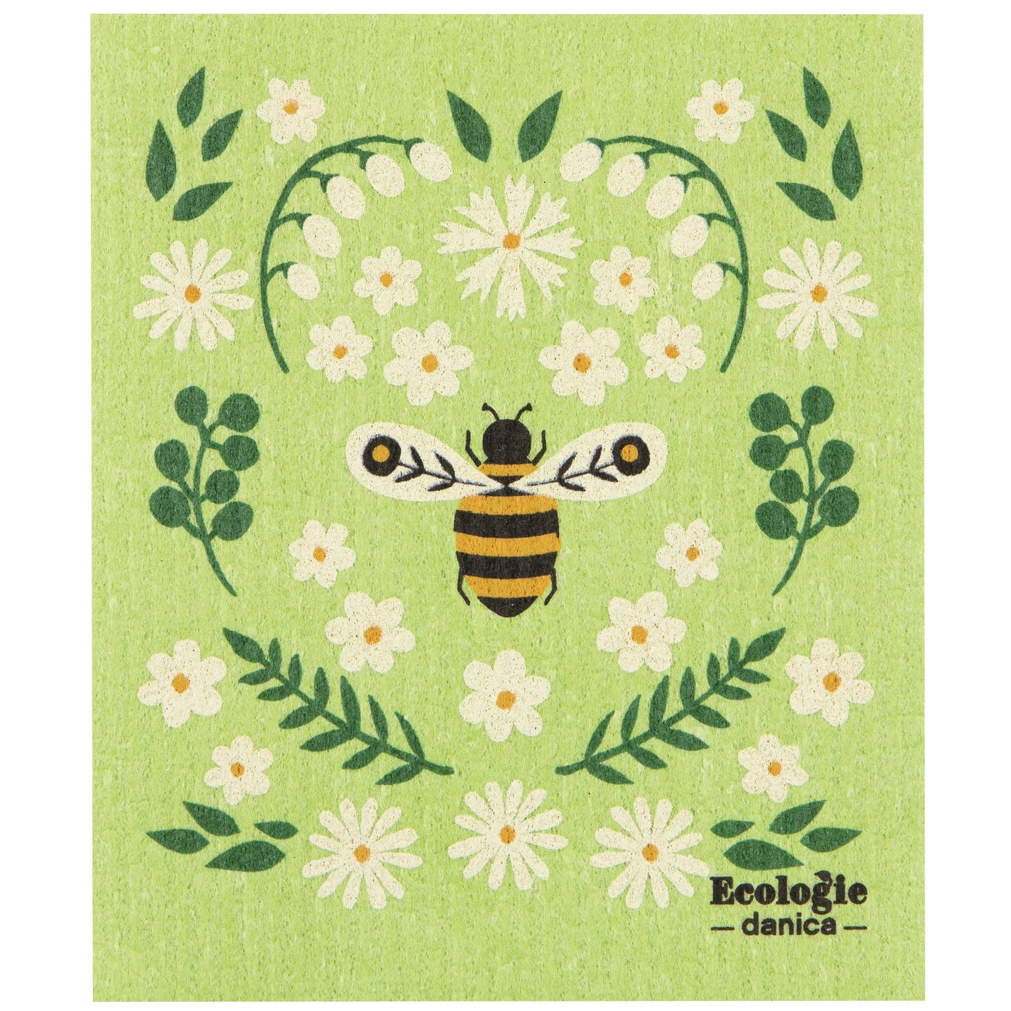 Green cloth with bee and flower design, featuring the brand 'Ecologie danica'.