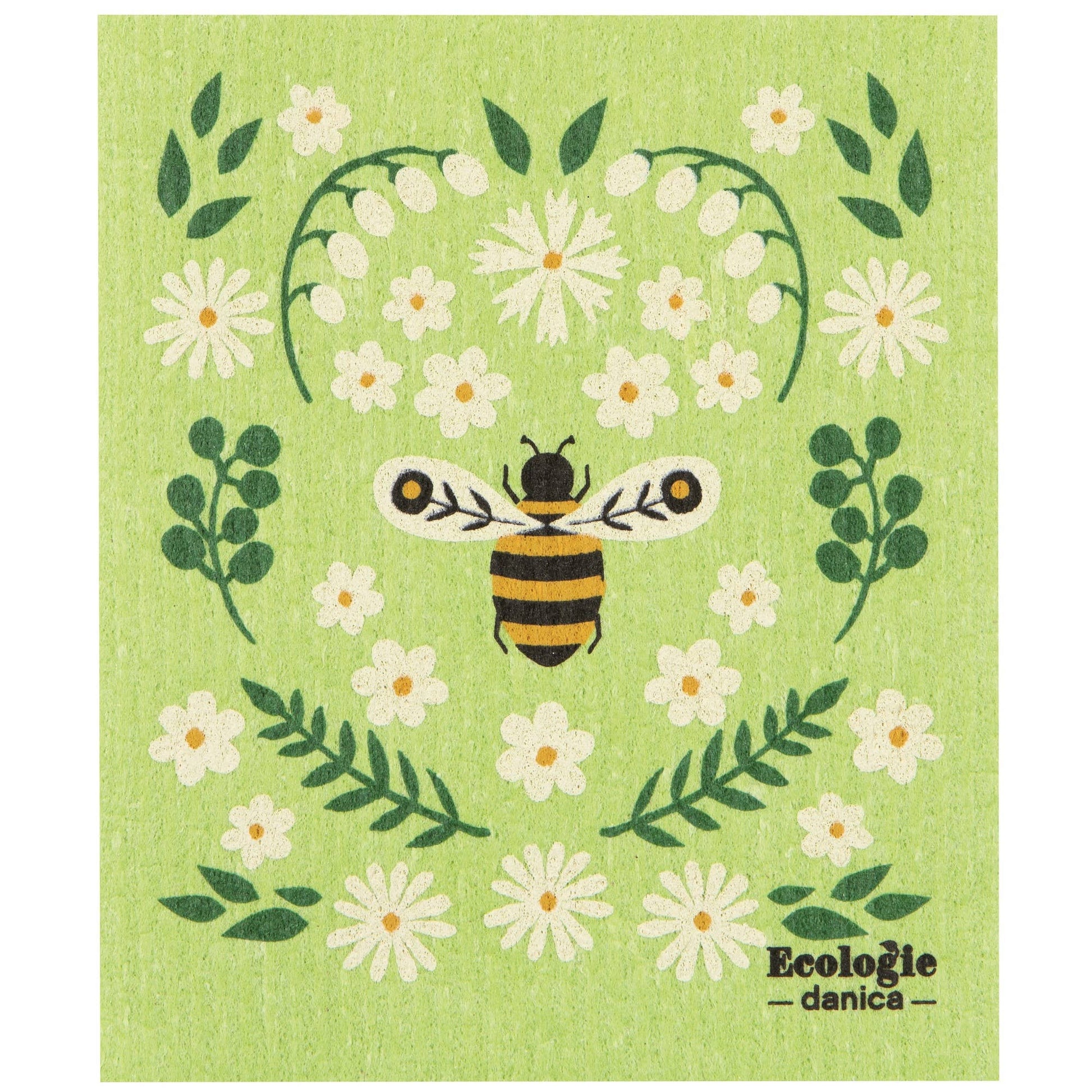 Green cloth with bee and flower design, featuring the brand 'Ecologie danica'.