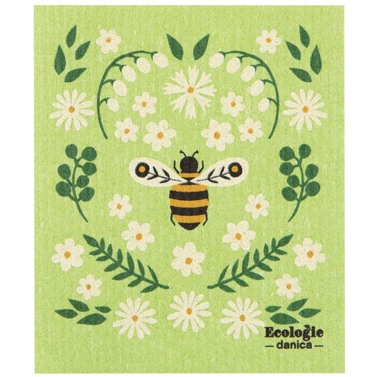 Green cloth with bee and flower design, featuring the brand 'Ecologie danica'.