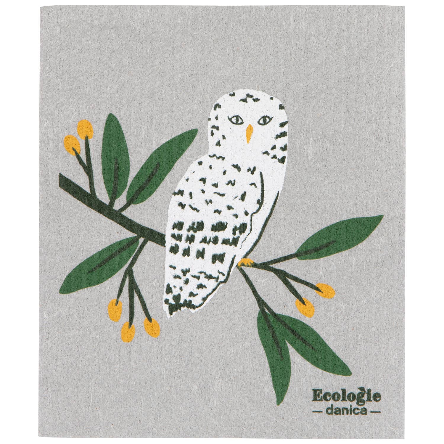 Dishtowel with owl design on a gray background, featuring the brand 'Ecologie danica'.