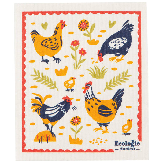 Decorative towel with chicken and floral pattern and 'Ecologie danica' branding.