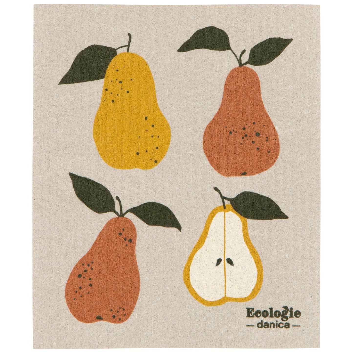 A swedish dishcloth with a light beige background and four pear illustrations in yellow, rust orange, and off-white, each with dark green leaves. The text 'Ecologie - danica -' appears in the lower right.