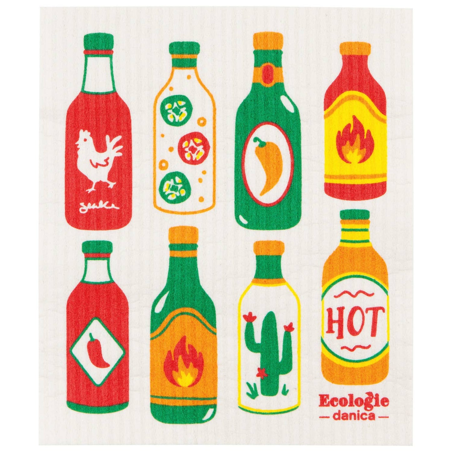 Decorative swedish dishcloth towel with colorful hot sauce bottle illustrations and 'Ecologie danica' branding.
