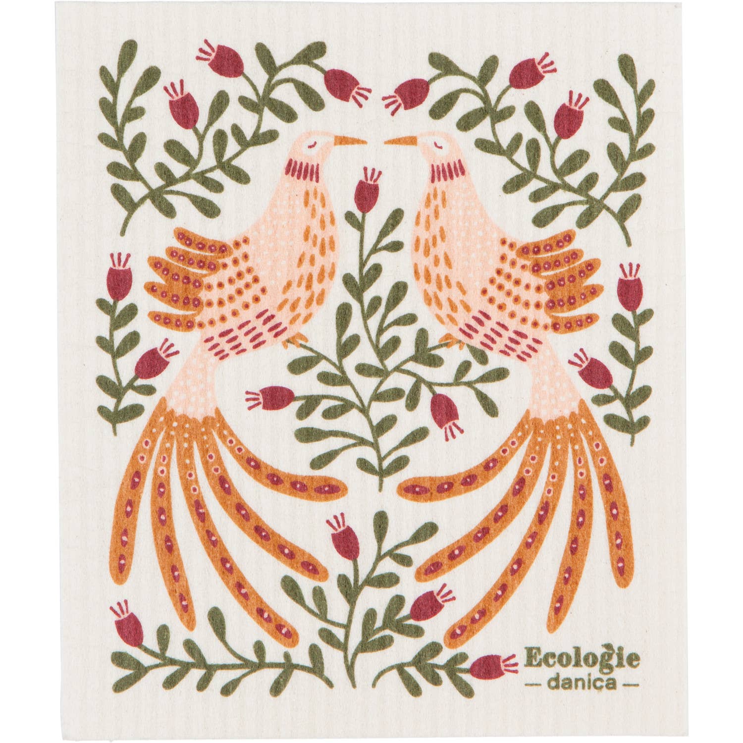 Decorative swedish dishcloth with two stylized birds and floral elements, featuring the brand 'Ecologie danica'.