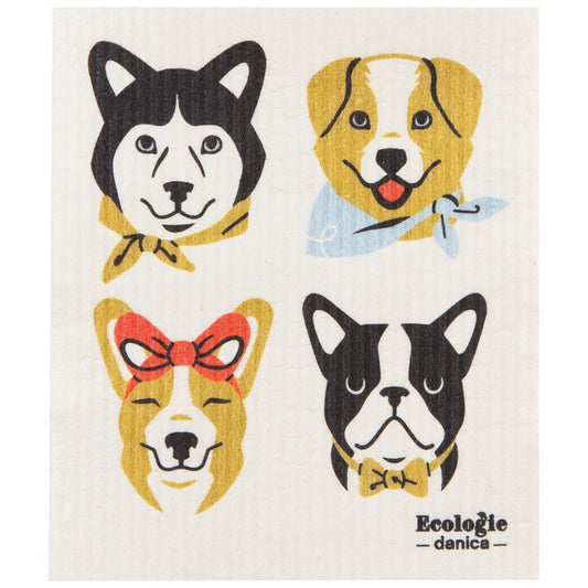Swedish Dishcloth with dog illustrations and 'Ecologie danica' branding