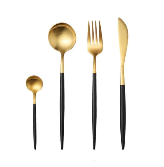 Stainless Steel Cutlery Set - Black/Gold - 4 Piece Set