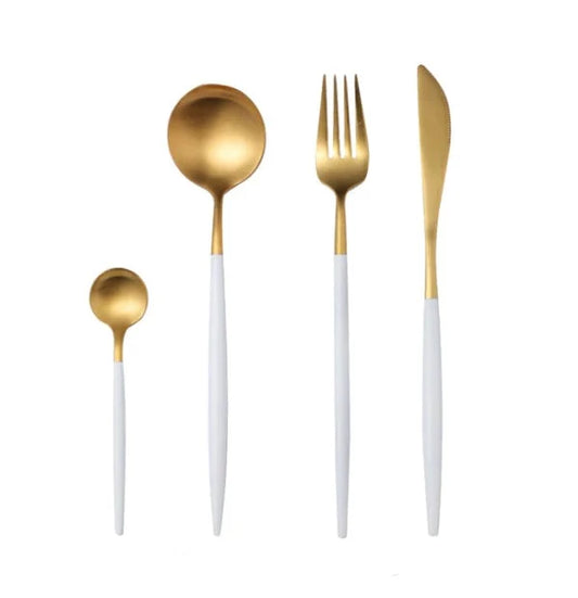 Stainless Steel Cutlery Set - White/Gold - 4 Piece Set