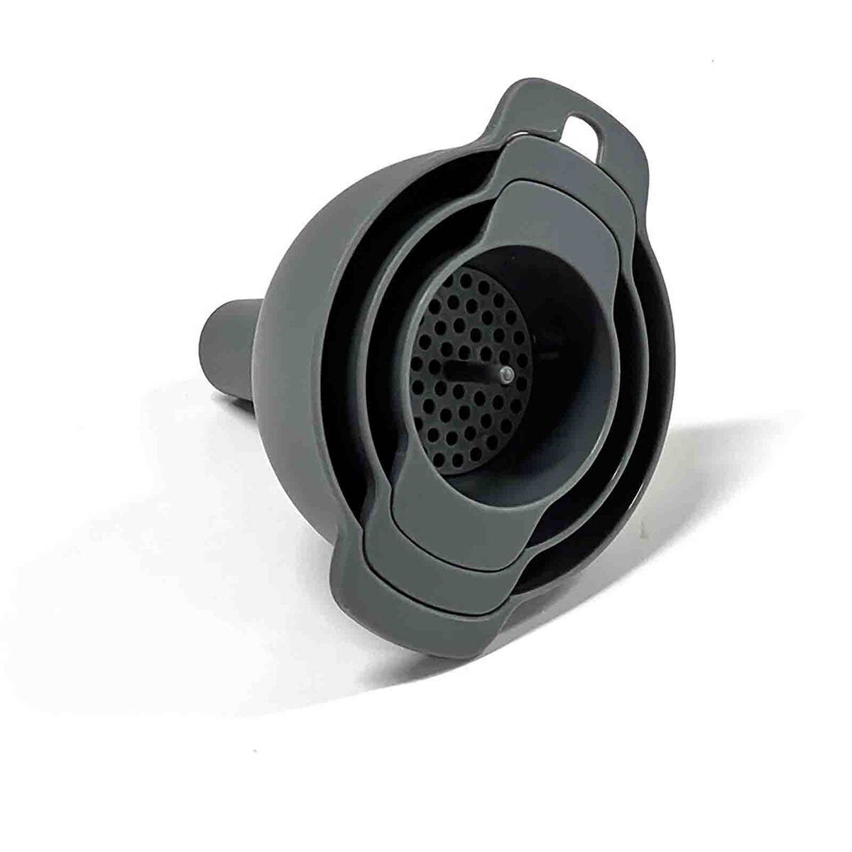 Gray silicone funnel with filter on a white background
