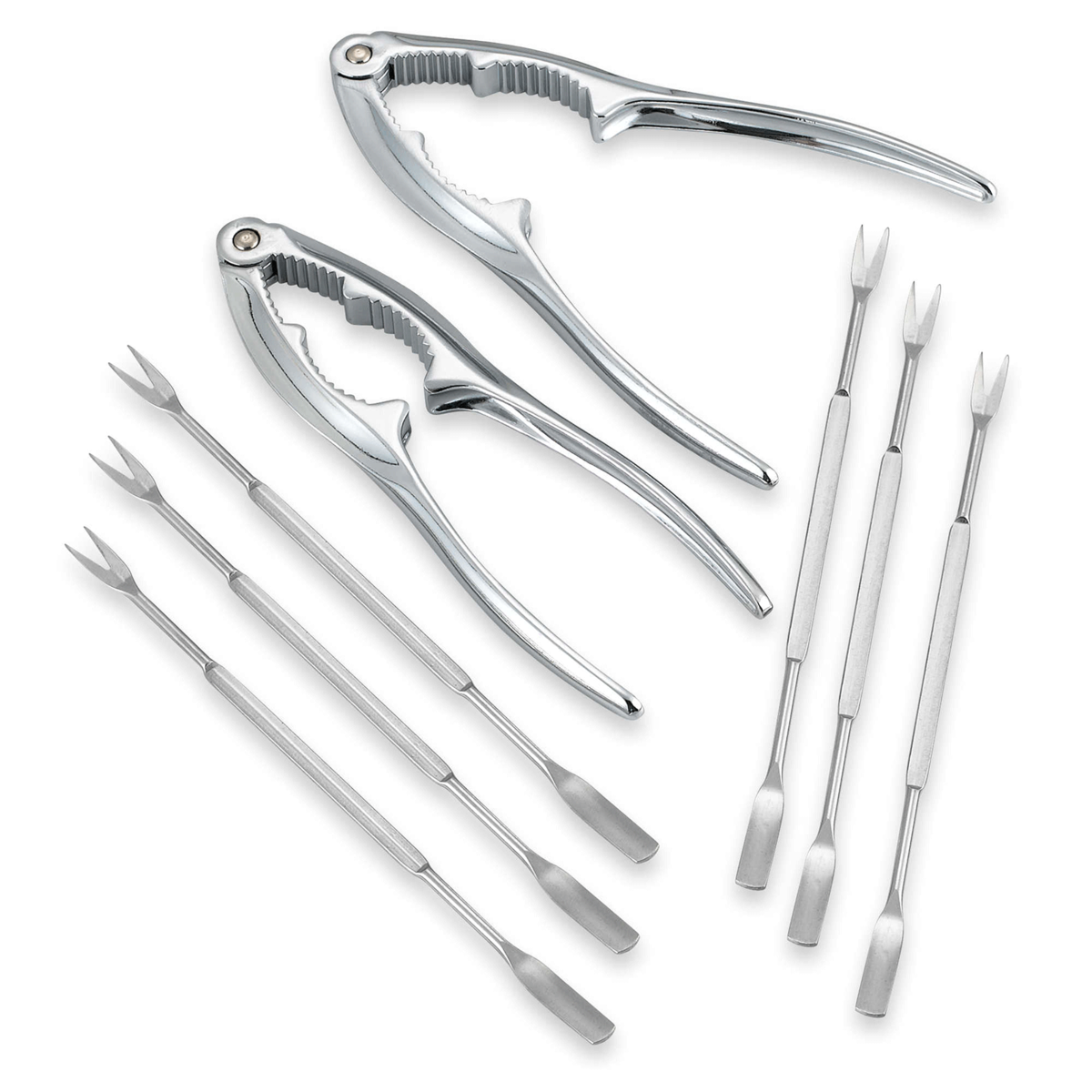 Set of silver kitchen tools including tongs and prongs on a white background