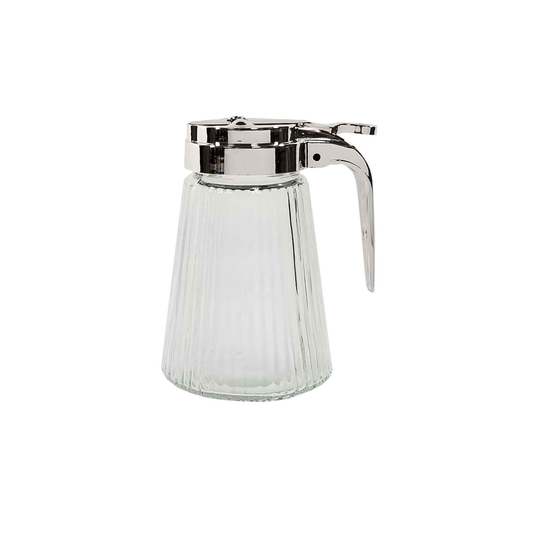 Clear glass condiment dispenser with silver metal top and handle on a white background
