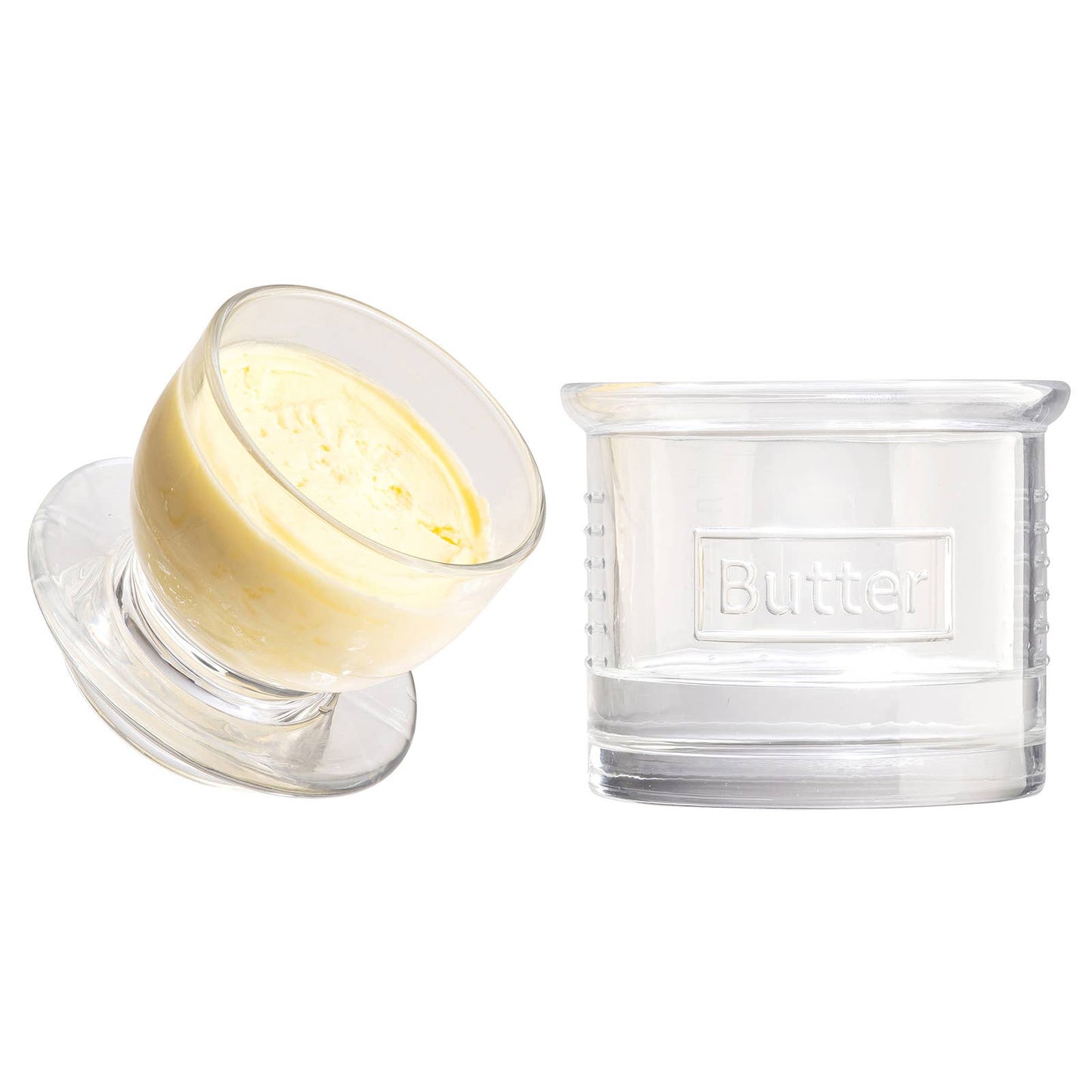 Clear glass container with a lid labeled 'Butter' on a white background
