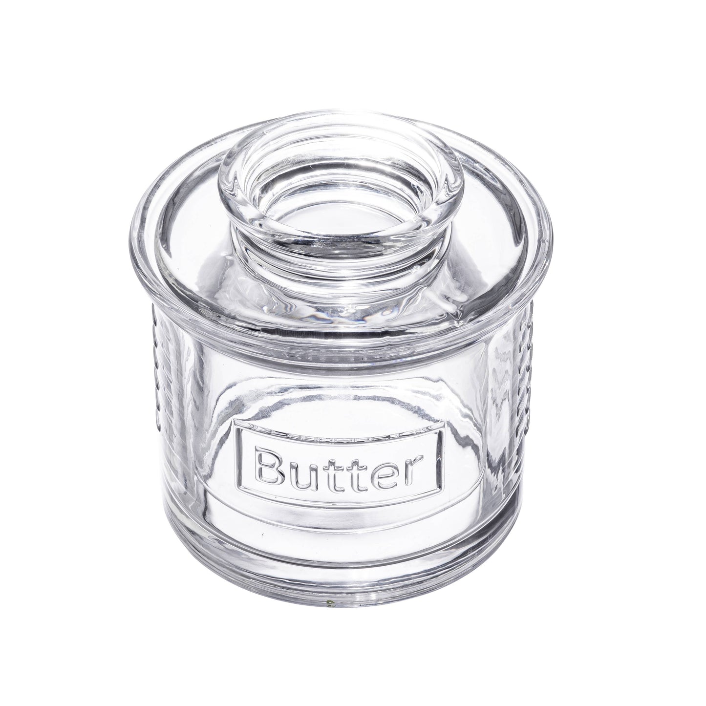 Clear glass jar labeled 'Butter' on a white background