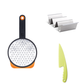 Set of kitchen tools including a grater, knife, and metal stands on a white background