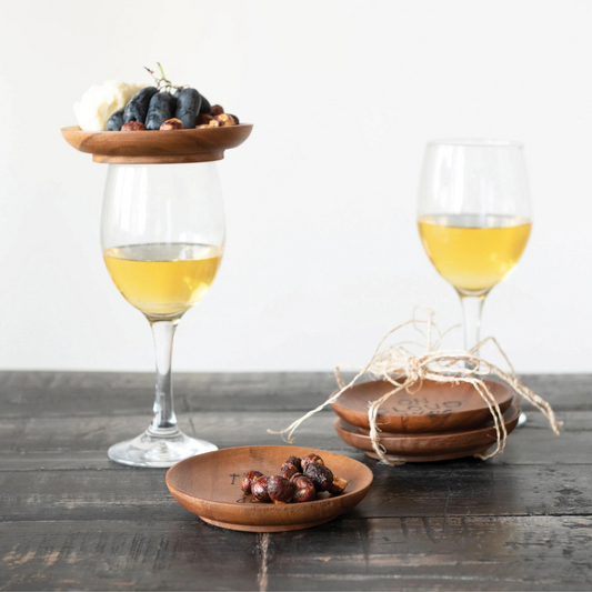 Acacia Wood Tapas Plates from Creative Co-Op with wine phrases burned into them. Time to wine down, on cloud wine, its wine o'clock, wine not?