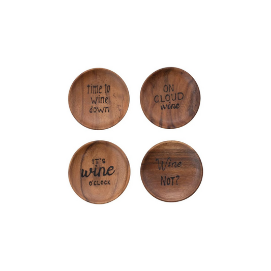 Acacia Wood Tapas Plates from Creative Co-Op with wine phrases burned into them. Time to wine down, on cloud wine, its wine o'clock, wine not?